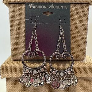 NWT Fashion Accents Earrings silver tone fish hook dangle big circle w/ coins